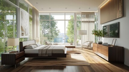 Contemporary Bedchamber: Elegant Interior Design with Darkwood Furniture and Stylish DÃ©cor
