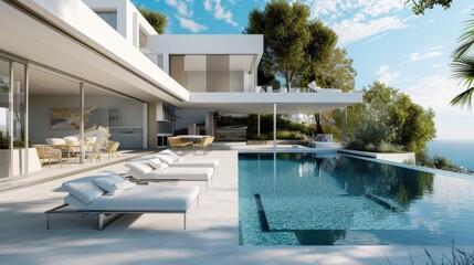Modern Luxury Living: White House with Infinity Pool and Sunbed for Vacation Getaway - obrazy, fototapety, plakaty