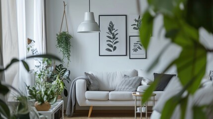Light Grey Living Room Interior with Fresh Plants, Tea, and Books: Perfect Space for Cozy Relaxation