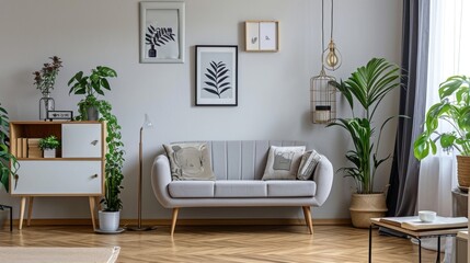 Inviting Light Grey Living Room Interior with Fresh Plants, Books, and Tea Cup - Ideal Space for Your Home