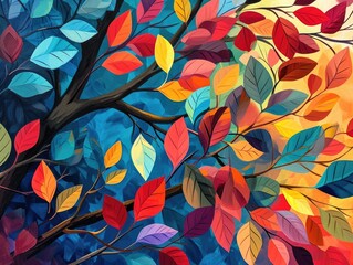 Vibrant Nature: Colorful Tree and Floral Illustration for Wall Art Decor