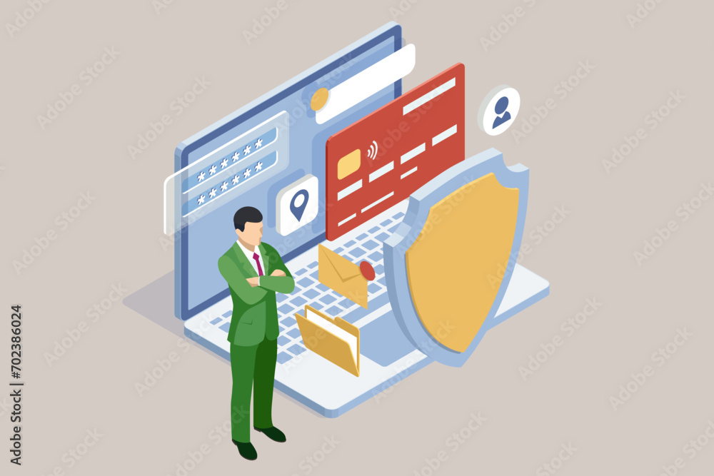 Poster isometrics protect data and confidentiality. safety and confidential data protection, concept with c