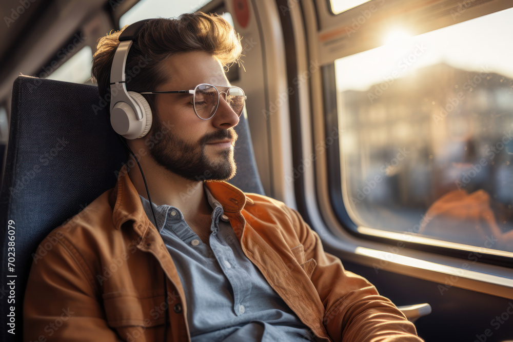 Poster a commuter reading a book or listening to a podcast during a peaceful morning train ride. concept of