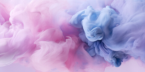 Fototapeta premium Pink-blue fluffy pastel ink smoke on a pink background. Generated by artificial intelligence.