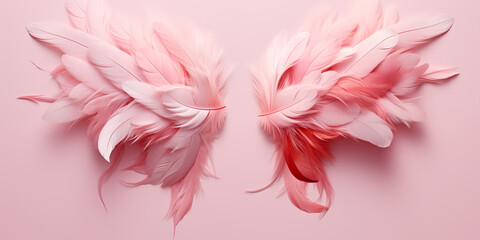 Light pink feather wings on a pink background. Celebration of Valentine’s Day. Cupid. Generated by artificial intelligence.