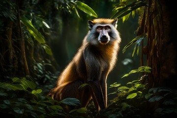 Amidst the dense foliage of an untouched wilderness, a Wolf's Mona Monkey strikes a pose, its fur radiant in the soft