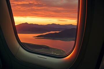 Naklejka premium Awe-Inspiring Aerial View from Airplane Porthole. Magnificent Mountains, Tranquil Sea, and Colorful Sunset