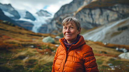 Mujer mayor disfrutando del paisaje montañoso