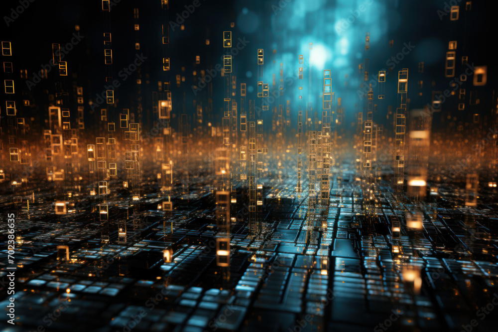 Poster abstract depiction of binary code raining down like digital confetti, representing the pervasive pre