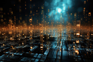 Fototapeta premium Abstract depiction of binary code raining down like digital confetti, representing the pervasive presence of binary language in the online world. Concept of digital celebration. Generative Ai.