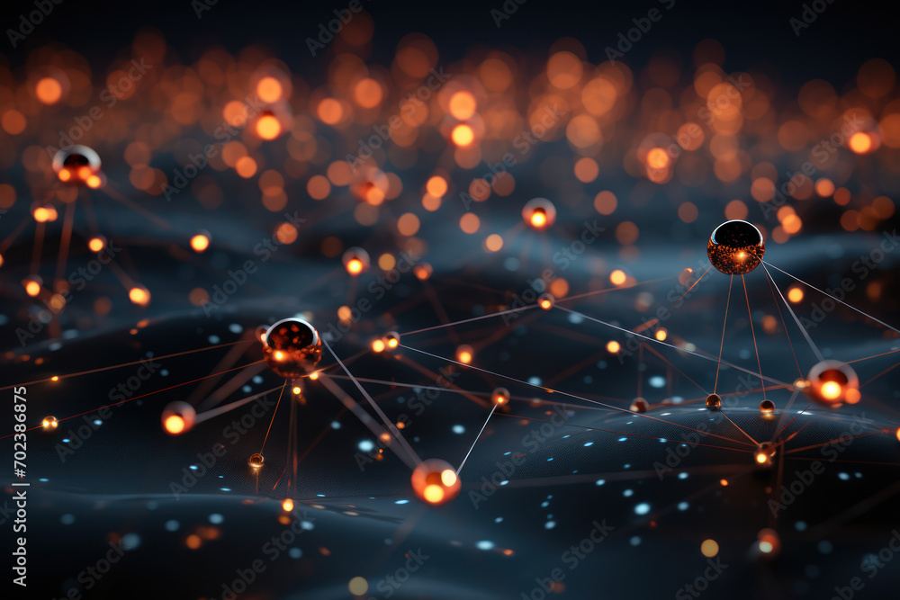 Poster glowing nodes connected by digital threads, illustrating the interconnectivity of devices and system