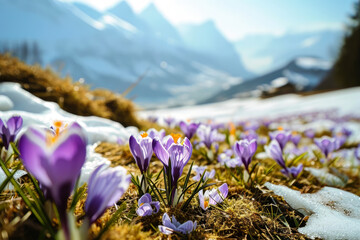 Wies mit lila Krokusse in den Bergen nach der Schneeschmelze 