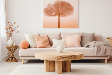 Minimal living room with wooden coffee table near sofa close-up. Interior in trendy peach colors