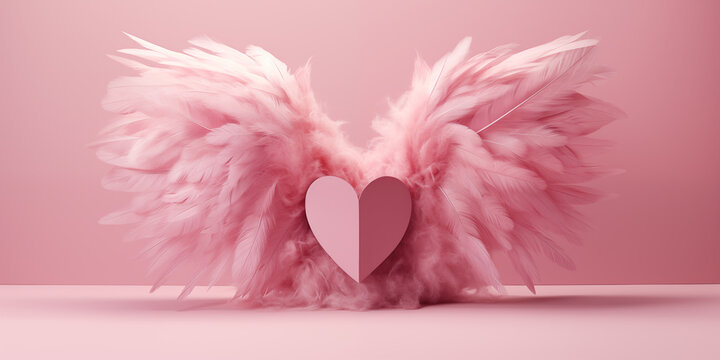 A pink heart surrounded by feathers on a pink background. Valentine’s Day celebration. Born of artificial intelligence.