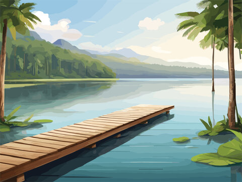 "Generate a vector illustration capturing the serene ambiance of an empty wooden jetty on a rainforest lake, seamlessly integrating a product presentation space into the natural environment, highlight