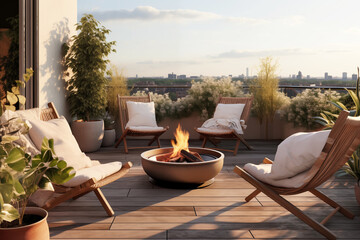 Cozy outdoor roof terrace with armchairs, fire pit and potted plants