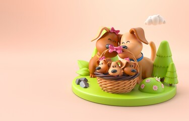 Couple of Dogs with Puppies. 3D Illustration