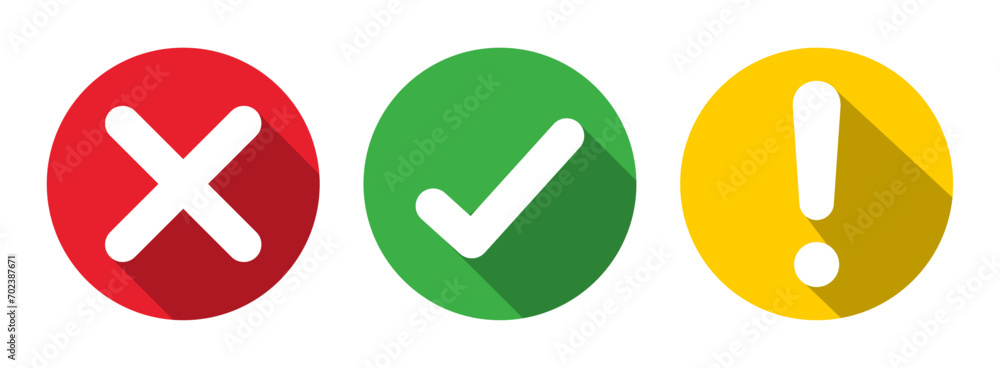 Poster right, wrong, exclamation mark color. vector set of flat round check mark, x mark icons, exclamation