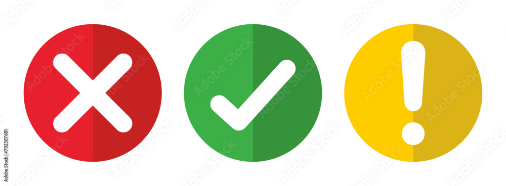 Aufkleber right, wrong, exclamation mark dual tone effect. vector set of flat round check mark, x mark icons, 