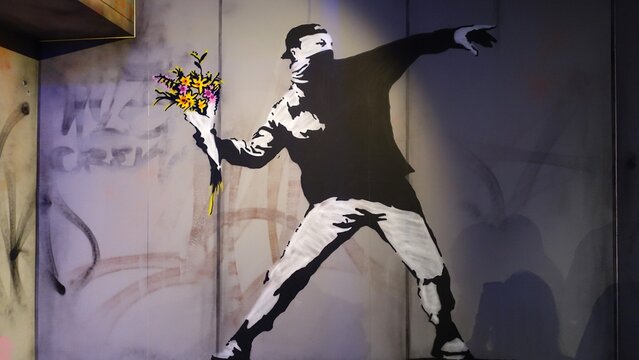 Stockholm, Sweden, December 29 2023. Art exhibition. The mystery of Banksy A genius mind. Bouquet.