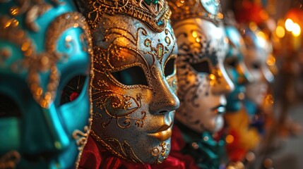Obraz premium Still Life colorful Mardi Gras beads and masks, vibrant purple backdrop, vivid purples, greens, and golds, festive atmosphere
