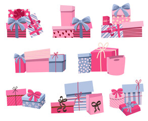 Set of gift boxes with bows and craft packaging in pink and purple shadows, paper boxes with ribbon isolated on white background, flat vector holiday clip art - 702388038