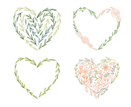 Naklejki Line art floral hearts for greeting or love cards, flower heart frame borders, vector illustration for Valentine's Day and wedding