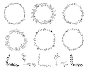Line art wildflowers wreaths and floral corners, line art drawing, botanical vector illustration