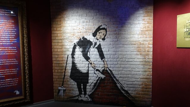 Stockholm, Sweden, December 29 2023. Art exhibition. The mystery of Banksy. A genius mind. Housemaid.