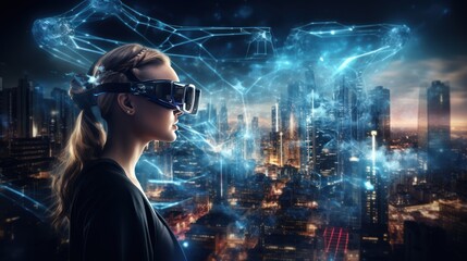 Fototapeta na wymiar AI, woman with virtual reality glasses, future technology concept Global network connectivity, future artificial intelligence