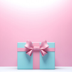 Close up front view, minimal composition of blue gift box with pink ribbons and bow on pastel backdrop. New Year or Valentine's Day or International Women's Day present concept background. Copy space.