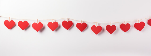 Garland of red paper hearts hanging on a string, isolated on a white background. Banner design concept with copy space.