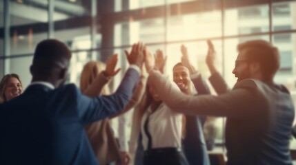Blurred image of a diverse business team happily celebrating success and having fun together, high-fiving and cheering. - obrazy, fototapety, plakaty