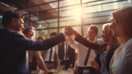 Blurred image of a diverse business team happily celebrating success and having fun together,...