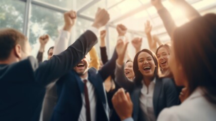 Blurred image of a diverse business team happily celebrating success and having fun together, high-fiving and cheering. - obrazy, fototapety, plakaty