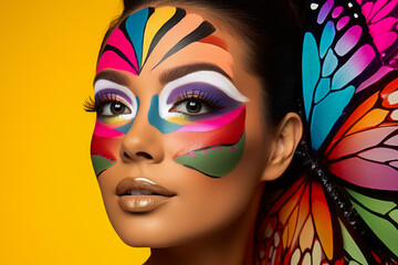 A woman has her eyes adorned with butterfly wing designs against a vibrant gradient backdrop.