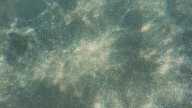 Underwater video, sea bottom seen from the top, light refraction creates small rainbows on the sandy floor. Abstract marine background