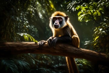 Picture a Wolf's Mona Monkey perched on a sunlit branch in a dense jungle, its fur illuminated with the perfect lighting, showcasing