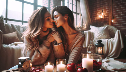 A female couple celebrating Valentine's Day in a cozy home setting.