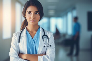 Healthcare and medical concept Closeup of attractive black female doctor standing confidently with arms crossed