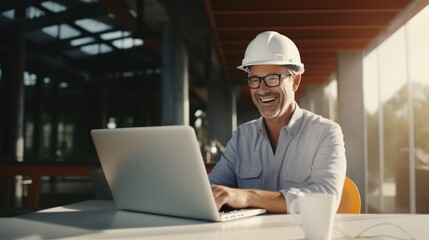 Mature architect wearing white construction helmet and safety working on laptop in construction area - obrazy, fototapety, plakaty