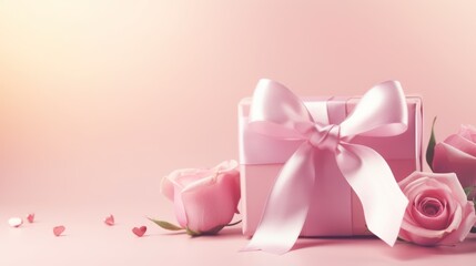 Obraz na płótnie Canvas Ribbon in the shape of a heart with a gift box and rose flowers on a pastel pink background, Happy Valentine's Day,
