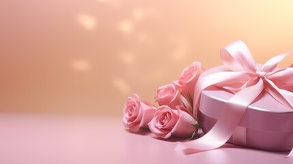Ribbon in the shape of a heart with a gift box and rose flowers on a pastel pink background, Happy Valentine's Day,