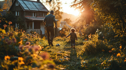 Father and son play football in the garden at sunset.