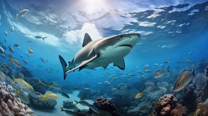 Fototapeta premium photograph of Whitetip sharks surrounded by pilot fish in the sea. panorama realistic daylight --ar 16:9 --v 5.2 Job ID: 35827f34-2ba9-4ad6-ac59-7d30d4572cb3