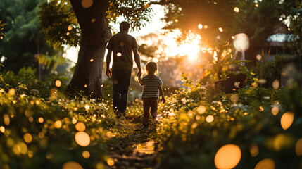 Father and daughter walking in the garden at sunset. Happy family concept.