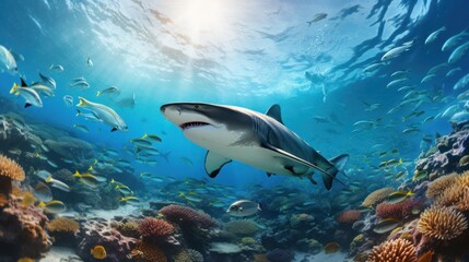 Fototapeta na wymiar photograph of Whitetip sharks surrounded by pilot fish in the sea. panorama realistic daylight --ar 16:9 --v 5.2 Job ID: 35827f34-2ba9-4ad6-ac59-7d30d4572cb3