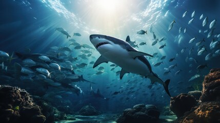 photograph of Whitetip sharks surrounded by pilot fish in the sea. panorama realistic daylight --ar...