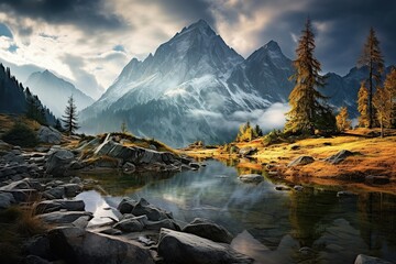 Illustration of mountain peak and green landscape with lake - obrazy, fototapety, plakaty