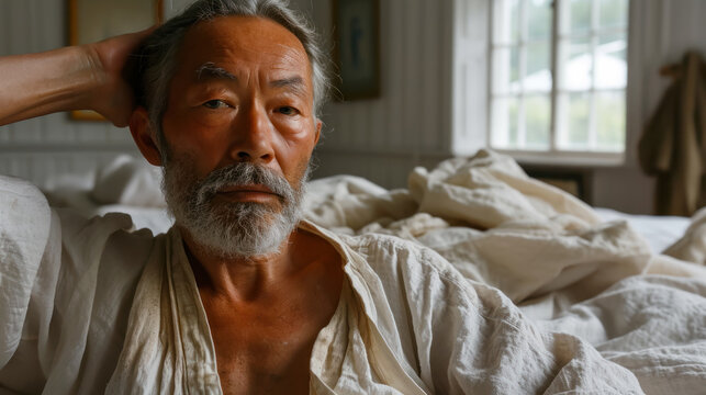 World Sleep Day concept, portrait of an adult man in his bedroom, insomnia and mental health problems, free space for advertising